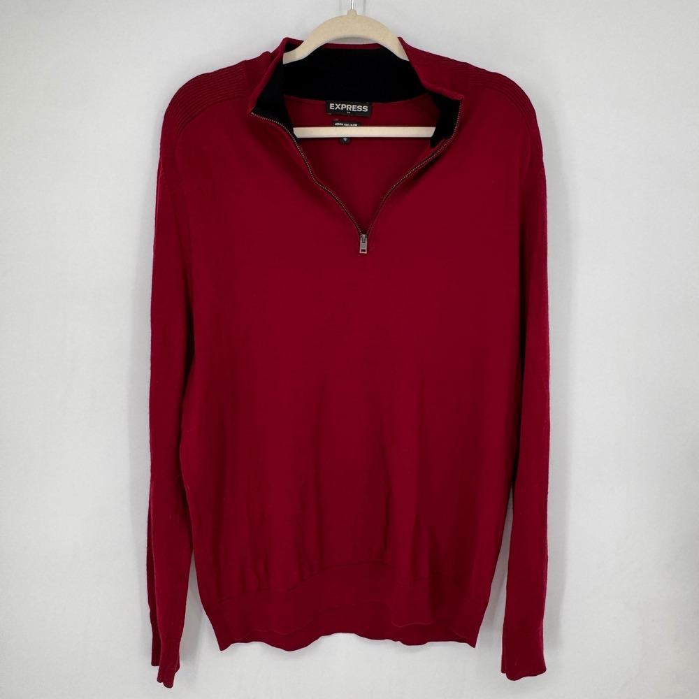 Express Quarter Zip Sweater Mens XL Red Excellent Merino Wool Blend Mock Neck